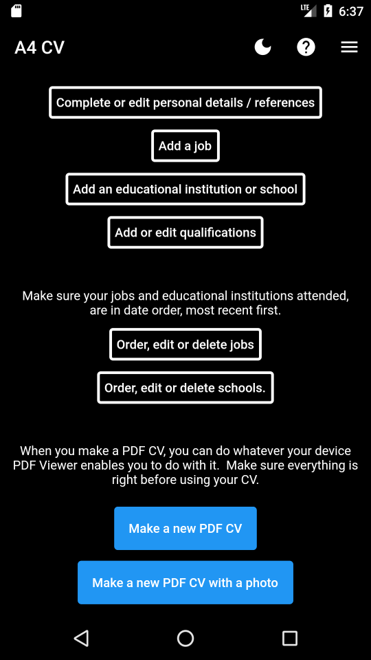 A screen capture from an app that outputs PDF CV documents.