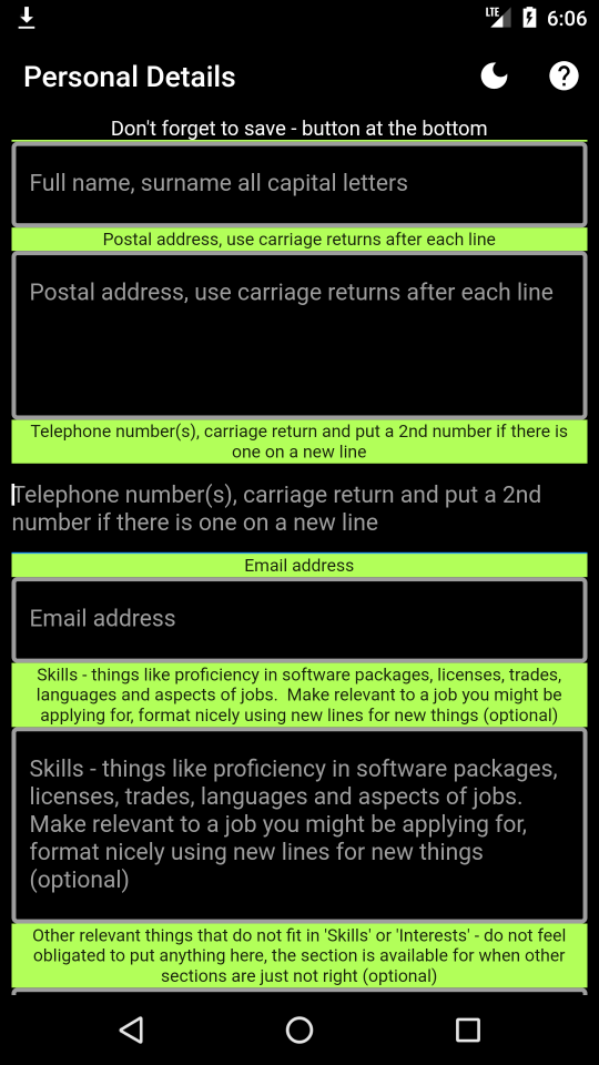 A4CV, personal details screen.