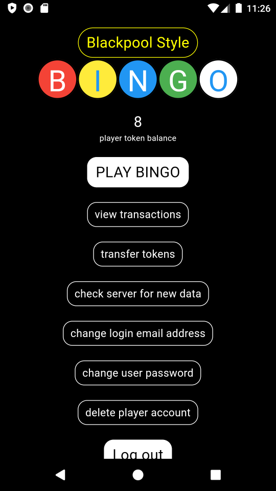 Bingo app, account screen.