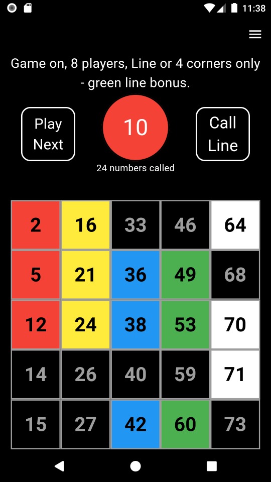 Bingo app, player number grid.