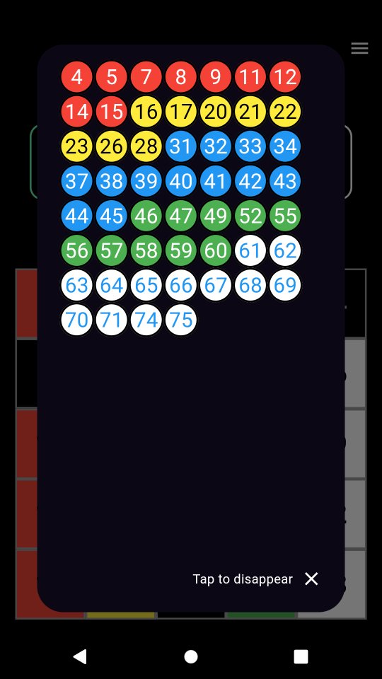 Bingo app, game numbers called display.