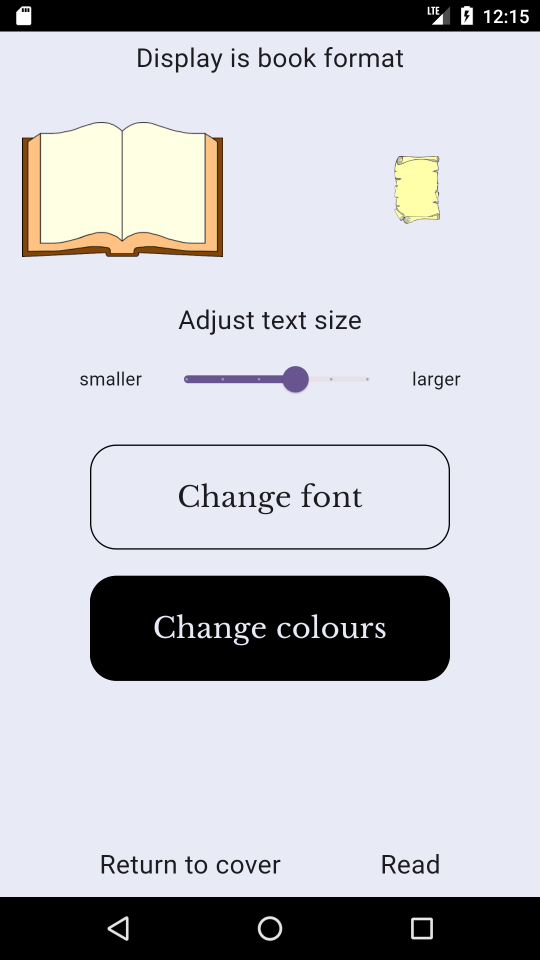 A screen capture of the settings screen from a book to app framework.