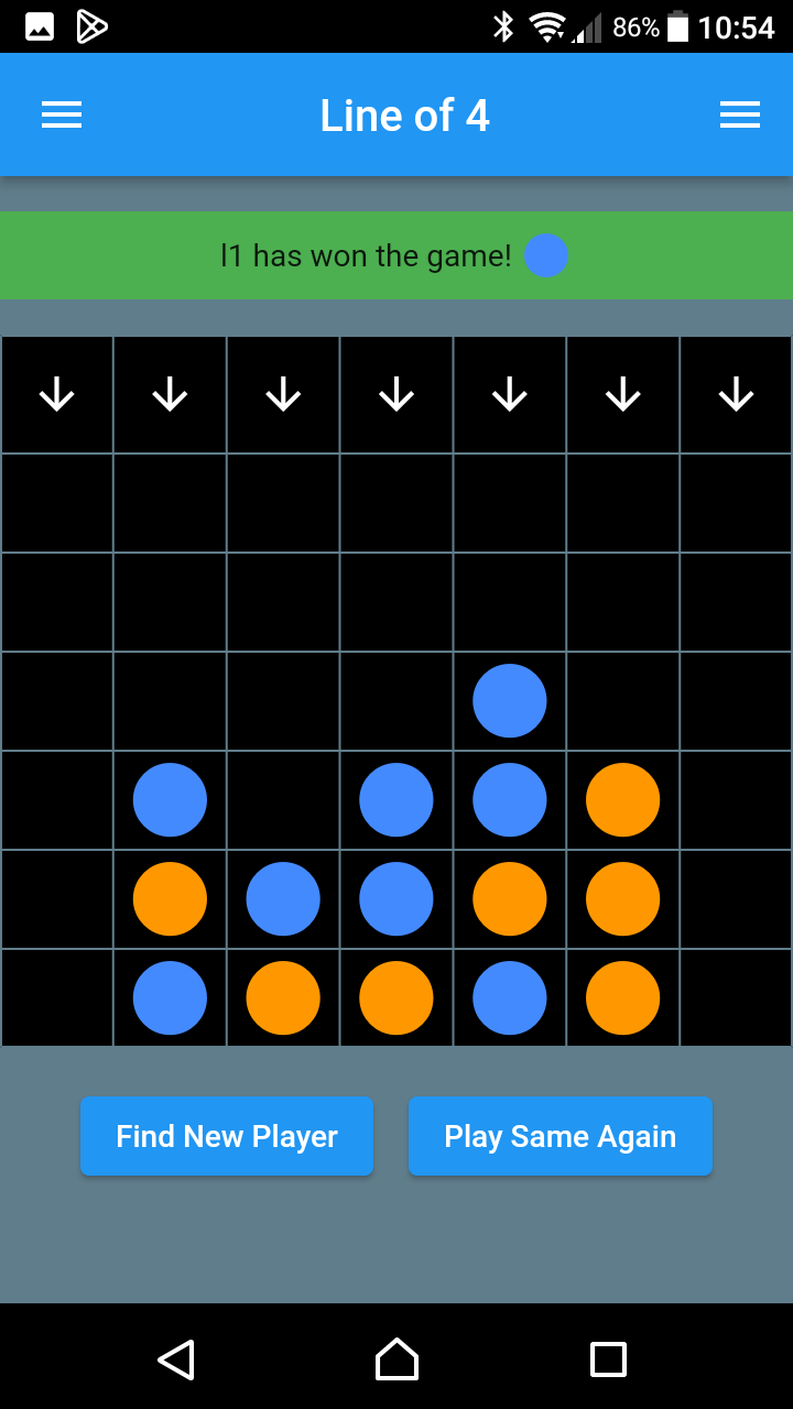 A screen capture from a two player local wireless four in a line game.