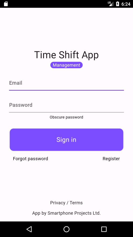 Time Shift App, login screen.